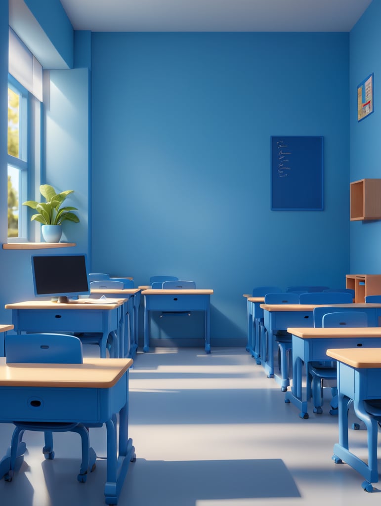 Sala de aula, com carteiras ao lado, em tom de azul