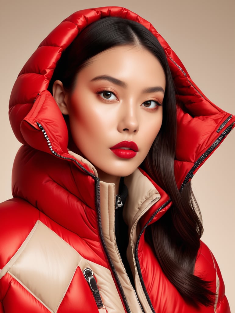 cover magazine models editorial photo, vibrant red puffer jacket, avant-garde, simplygo, photoshoot spread, beige background, harpers bizarre, cover, headshot, hyper realistic