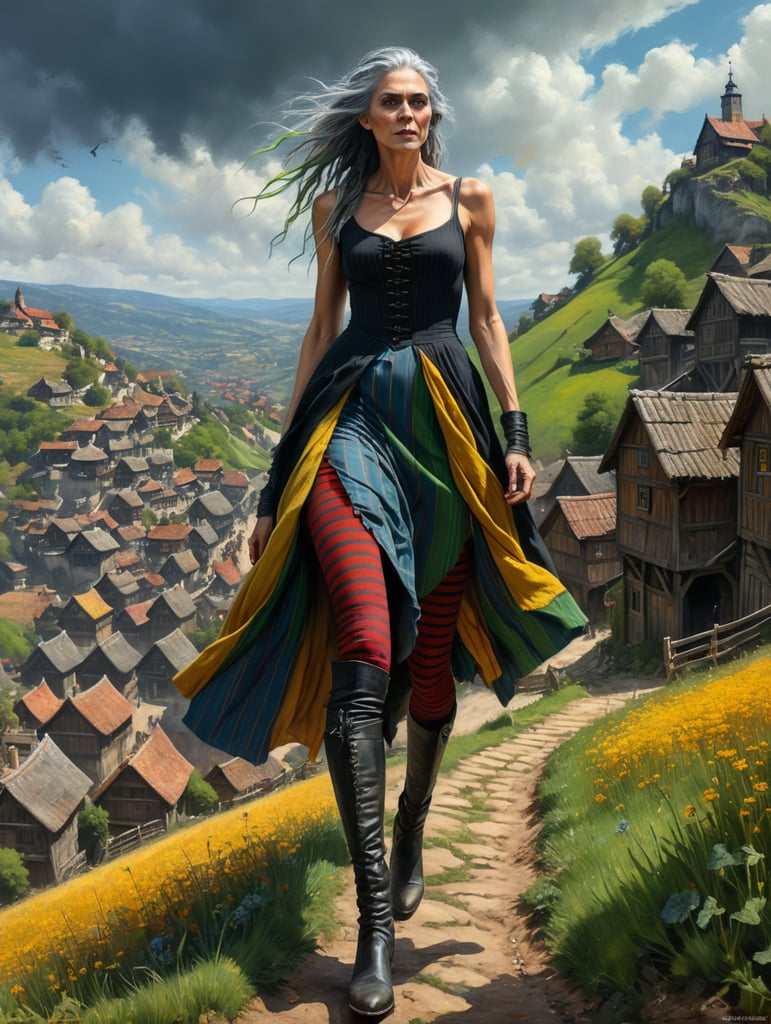 A very tall witch, old and ugly, skinny with long lank grey hair, a long nose wearing a long grubby black dress scruffy and torn, down to her calves and buttoned up to her throat. She wears striped leggings, blue and green stripes on one leg, red and yellow on the other leg, glimpsed under her dress and black boots. Striding up a hill with a medieval village viewed in the valley below. Flocks of crows circling in the sky.