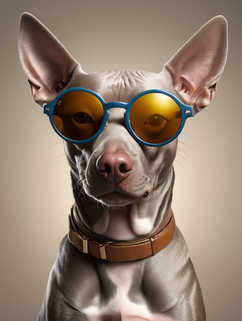 Portrait of a hairless dog wearing round sunglasses with thick thick frames, gray-brown skin, a few hairs on the head, professional photo, plain background, contrasting light, bright colors, detailed clear photo