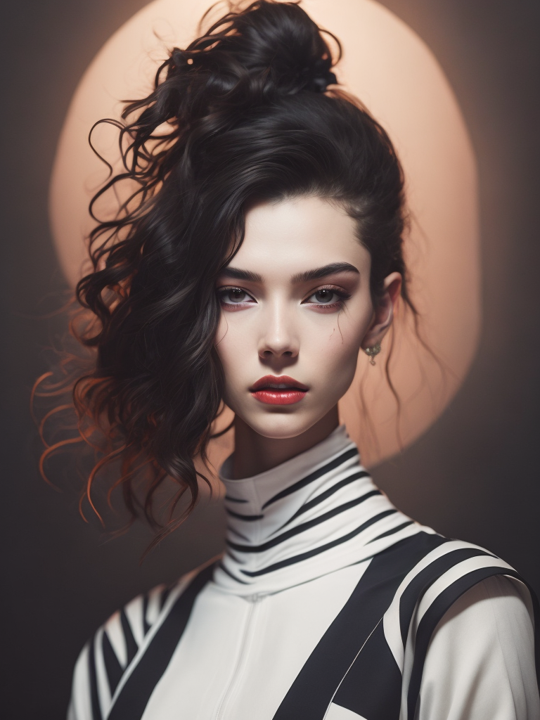 Pale-skinned girl model, wearing a black and white striped dress with a high collar, contrast lighting, Bright red make-up, Black and white curly long hair, dark background, fashion model, magazine cover, professional shot,