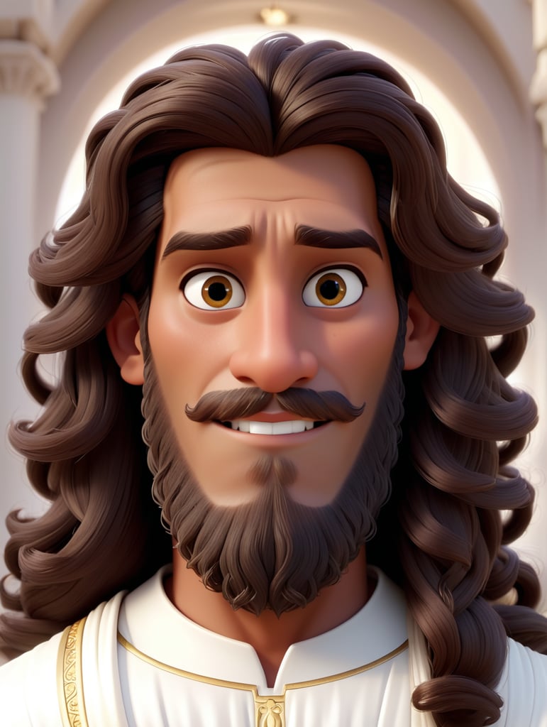 Jesus with middle eastern features, whose eyes a grey and whose skin is light brown, and long curly brown hair, with a puffy beard, and slightly muscular, with heaven behind him, wears a white dress.