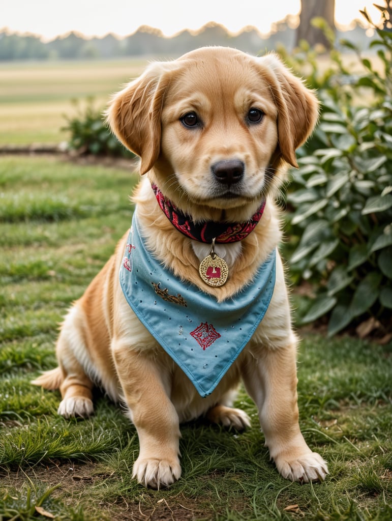 First Person POV of a golden retriever puppy with a bandana