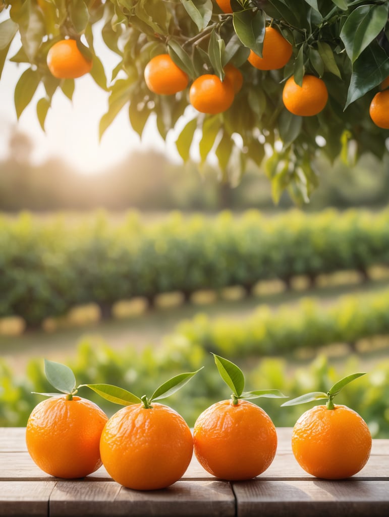 a tangerine orchard that reminds us of summer, the natural, healthy sun. 3 tangerines together on a wooden table and a blurred orchard in the background