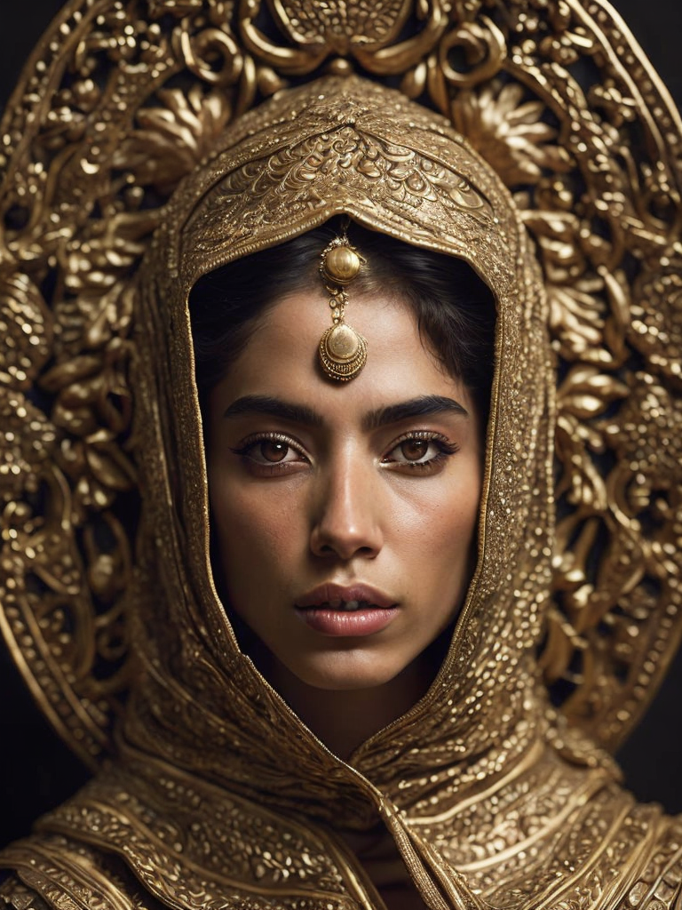 a photorealistic golden mage of a stunningly beautiful Emblem of The Middle Eastern unique cultural identities.extremely detailed, detailed symmetrical realistic face, natural skin texture, extremely detailed skin with skin pores, peach fuzz , wearing a masterpiece , absurdres, award winning photo by lee jeffries, nikon d850 film archival photography, kodak portra 400 camera f1.6 lens, extremely detailed, amazing, fine details, rich golden color, texture hyper realistic, spectacular lighting, unreal engine, trending on artstation, cinestill 800 tungsten, looking at viewer, realistic photo, RAW photo, TanvirTamim, high quality, high resolution, sharp
