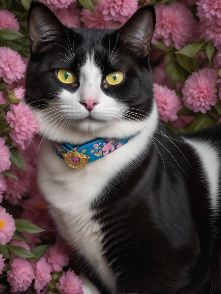 Balck and white male cat, yellow eyes, pink nose, blue belt, pink flowers background