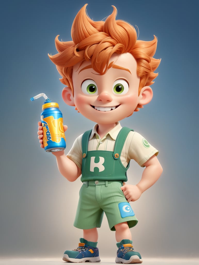 Ginger Disney Pixar-style boy with braces drinking an energy drink. Full-body.