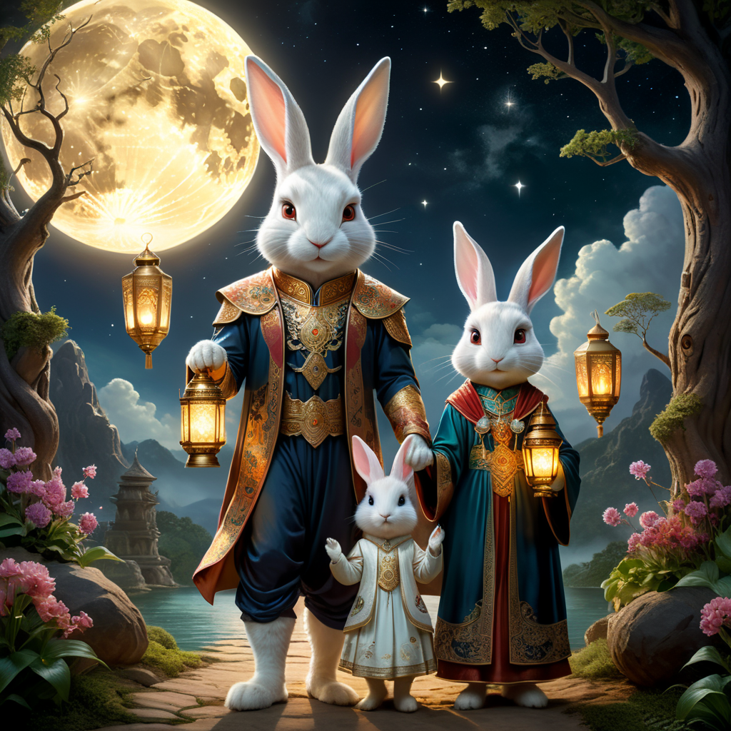 “Visualize a celestial family living in a magical realm, lit by the ever-present glow of a majestic moon. Picture a human mother, ethereal and radiant, standing beside her enchanted rabbit husband, both adorned in cosmic garments. They are the proud parents of their unique half-breed children, who combine human heads with biological rabbit ears and have bodies that are a harmonious blend of both parents. Set this magical family against the backdrop of an illuminating moon, surrounded by fantastical elements like floating lanterns, twinkling stars, and mystical flora. Capture the joy and love on the faces of each family member as they celebrate a special festival of their own. For visual cues: Human Mother: Elegant and radiant Rabbit Father: Standing upright, human-size clad in cosmic attire, holding a lantern imbued with moonlight. Children: A blend of their parents, featuring human-faces with biological rabbit-ears and rabbit-nose.