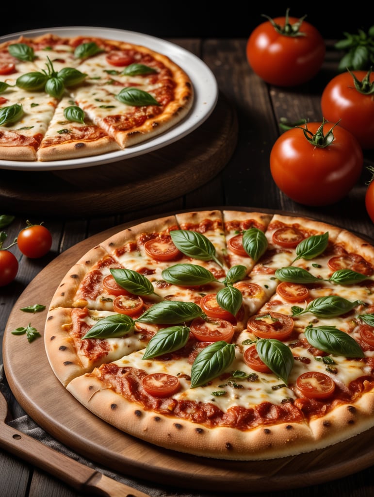 Vegetarian Symphony pan pizza and white pot of tomatoe sause on the wooden table in the dark background
