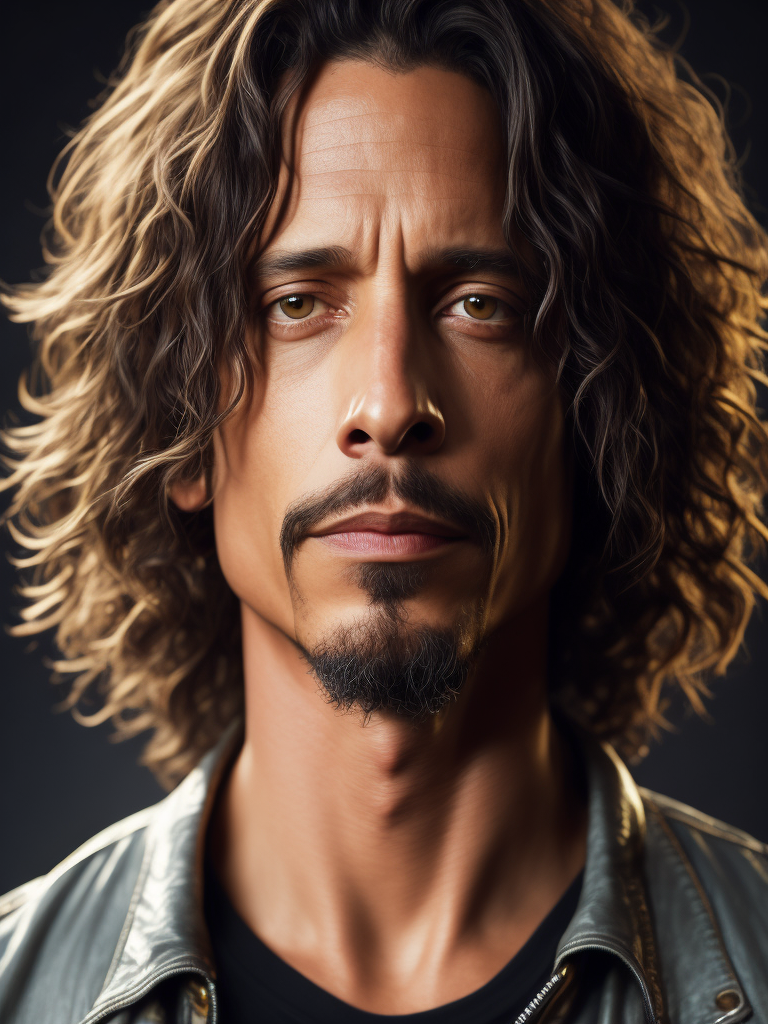 Close up photo of the face of Singer Chris Cornell of the band Soundgarden, photorealistic, hyper realistic