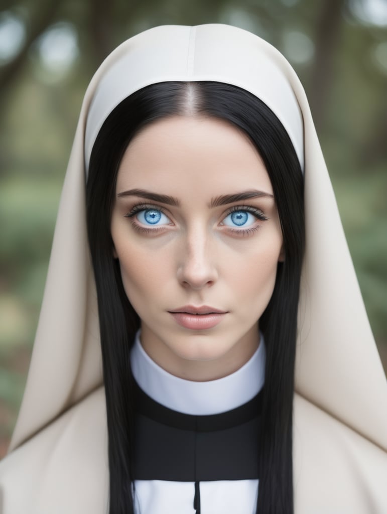 a nun with blue eyes and black hair