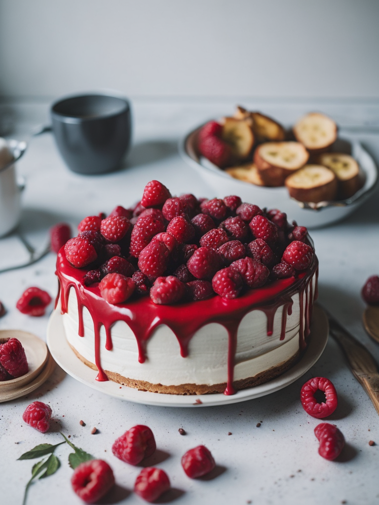 Cake with raspberries, provence atmosphere, dramatic Lighting, Depth of field, Incredibly high detailed