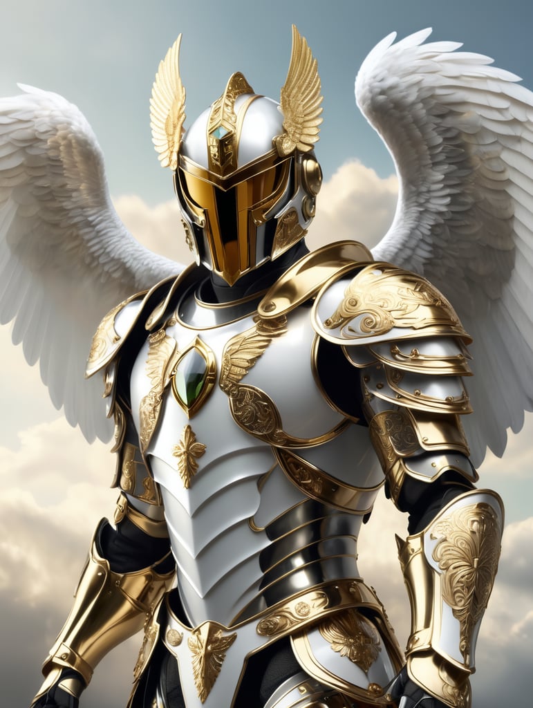 Cyber knight wearing white and gold chrome winged helmet and jewel engraved armor, shining reflections, walking in the clouds, photorealistic, hyper-detailed, peaceful atmosphere