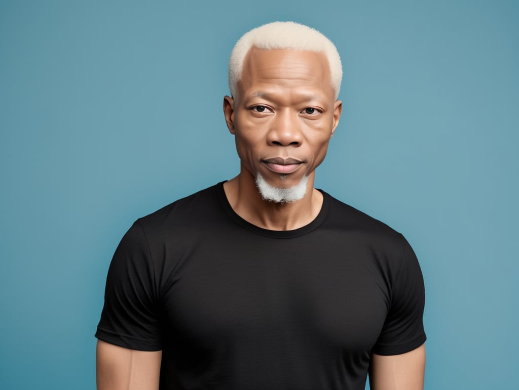 A middle-aged African albino man wearing a black T-shirt, isolated, blue background, mockup, mock up