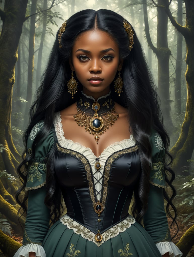 uma linda garota negra de cabelos lisos, muito compridos e pretos com um lindo penteado vestida com uma roupa do seculo 19 ela usa um camafeu e um lindo decote ela esta em uma floresta sombria e escura
