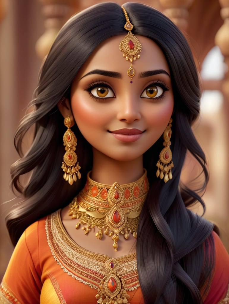 3D cartoon Disney character portrait render. A stunning Indian beauty, adorned in traditional Selvaar Kameej clothes, which accentuate her hourglass figure and graceful movements. Her long, black hair cascades down her back in gentle waves, framing her flawless, warm-toned complexion. Her piercing dark eyes seem to hold a world of wisdom and beauty, captivating the viewer instantly. She wears a sleeveless, off-white blouse with intricate embroidery at the neckline and cuffs, complemented by a pair of flowy, ankle-length pants in a rich shade of burgundy. The pants are fashioned from fine, silky material and feature intricate gold embroidery running along the hem, drawing attention to her slender legs. A thin gold belt accentuates her narrow waist, further enhancing her feminine figure. Around her head, she wears a bright orange and gold stole, draped artfully over her shoulders and cascading down her back. Jewelry adorns her ears, neck, wrists, and fingers, with a large, intricately designed gold pendant hang