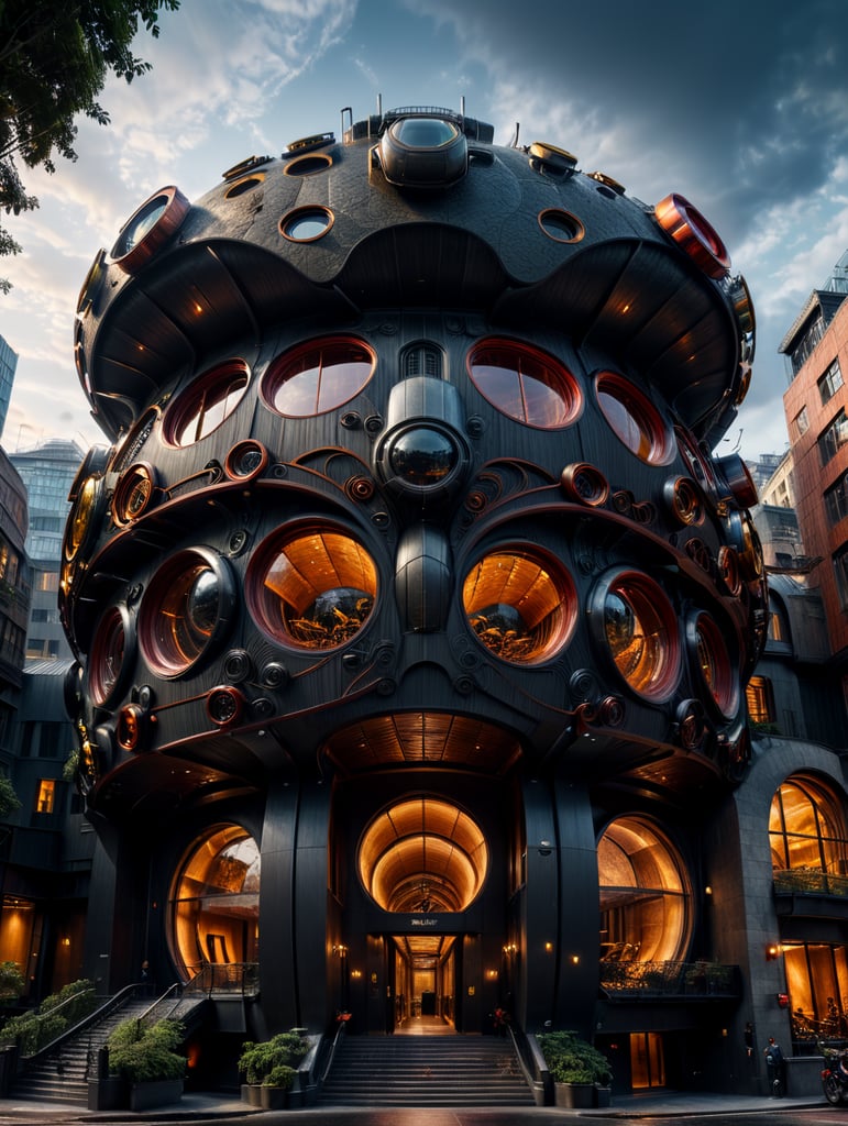 the craziest, bentwood, far view lens architectural modern style hyper realistic hyper detailed neocosmic exterior architecture design of a wasp Fluid complex facade, geometric shapes spectrum, black::1 red:3, Antoine Blanchard architecture art style, in new York city, dramatic ambient, natural lighting