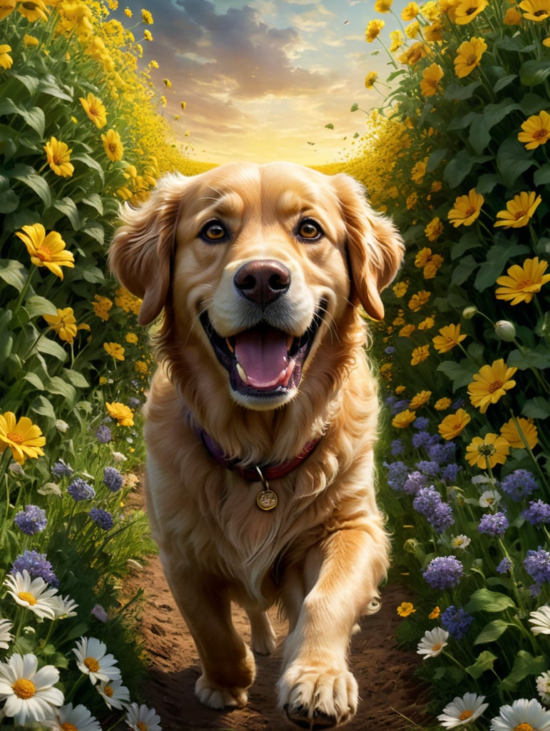 disney pixar movie poster with title'phi', a golden golden retriever with deep brown eyes with longer legs running in a field of flowers