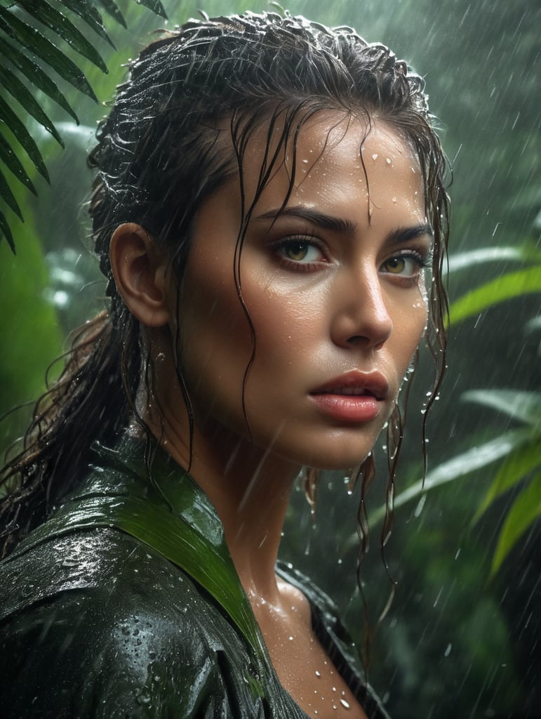 fashion model rainy photoshoot messy hair soaking wet intense expression piercing gaze athletic pose ominous tropical rain forest detailed and realistic high quality image