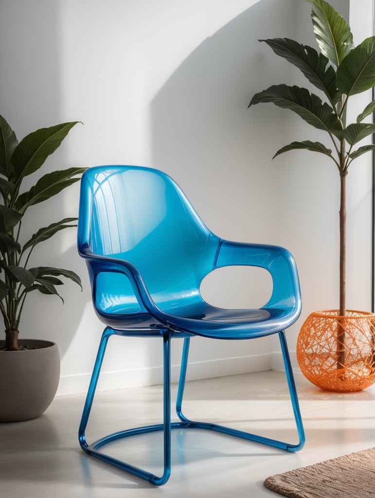 Una silla minimalista contemporánea de silicona semitraslucida con colores degradados azul cyan y naranja vibrante como si lo hubiera diseñado hi estudio.