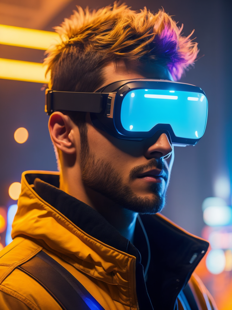 Man wearing virtual reality glasses, cyberpunk style, neon colors, bright colors, bright blue glowing glasses, sharp details, contrasting light