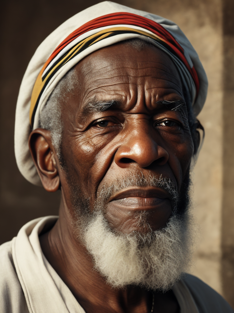 Jamaica's Old Man, portrait, realistic image, lots of details, wearing turban