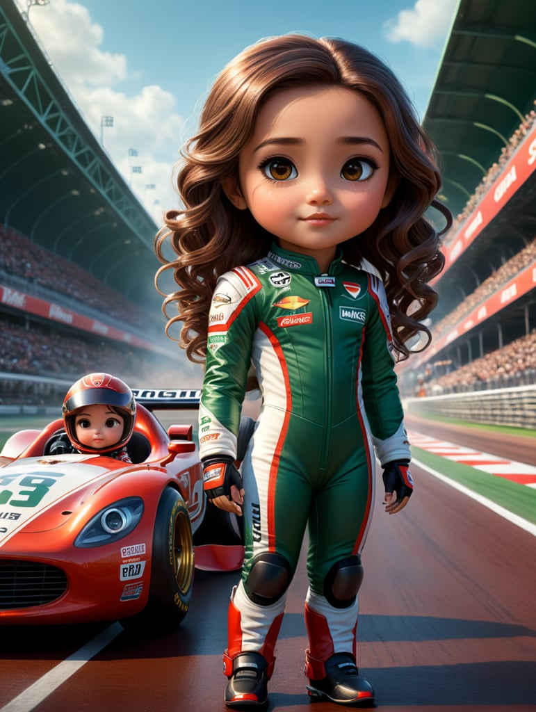 Sweet Chibi girl in the style of Pixar, with 3D animated characters. The title is \'Sofia\' and shows a girl with long curly dark brown hair, brown eyes, dark Green White and Red Racing Suit, F1 Car Background, Speedway, F1, poster