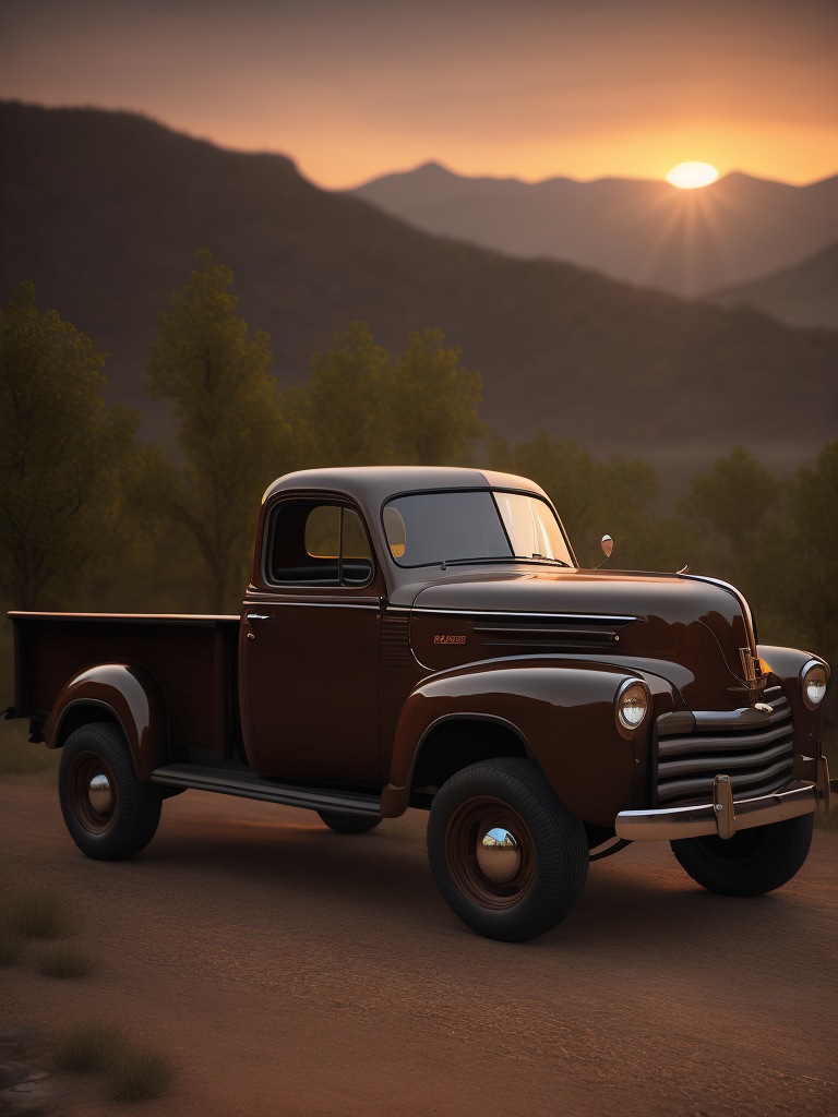 beautiful old pickup at sunset volumetric light, detailed, sharp focus, highly detailed,