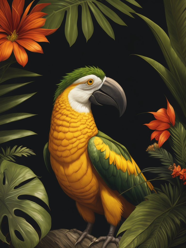 draw The central and accent place in the illustration should be occupied by the image of a pineapple (whole fruit, with pieces). Tropical mood of the Caribbean. The illustration should use a tropical ornament (for example, dense vegetation) In the illustration, you can use images of recognizable tropical birds (parrot, toucan, flamingo), flowers, insects, lizards, animals, as well as tropical plants - palm leaves, monstera, flowers. the illustration must be integrated with a skull, as a symbol that is depicted on the entire line of the brand.