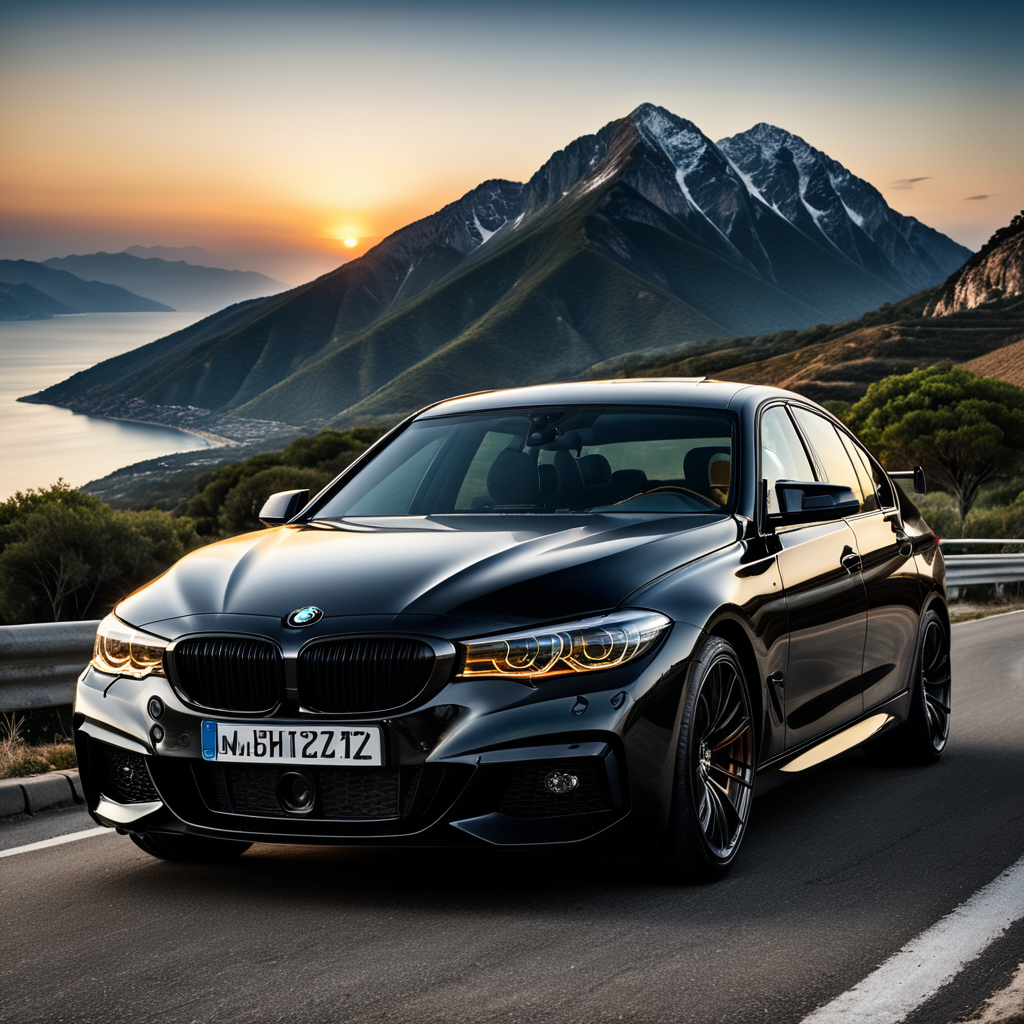 A beautiful black BMW Sedan standing on the mountain road,highly detailed evening time, Car Bonnet Stripes Graphics Hood, blue sea in the background of car, highly detailed car,highly detailed headlights and white DRL's, highly detailed matt finish colour, highly detailed Alloy Wheels, ultra realistic, photorealistic, 32k.