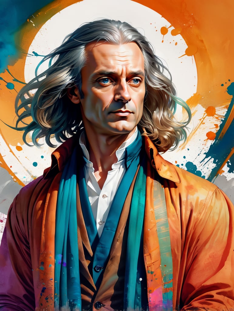 standing centered Portrait of Isaac Newton, bright and saturated colors, highly detailed, sharp focus, Bright expressive, Dramatic Lighting, Depth of field, Incredibly high detailed, on a white background