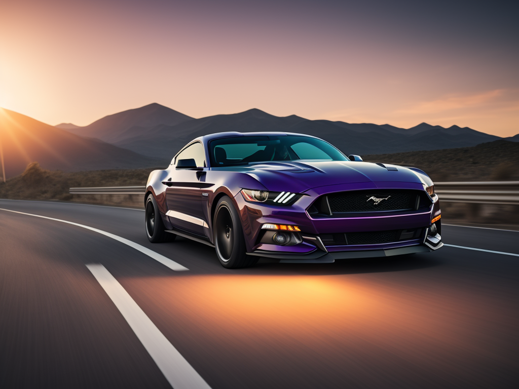 purple ford mustang on the highway, speeding towards the sun, sunset, mountains in the background, lights