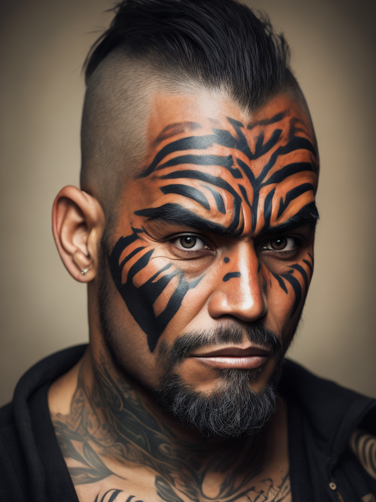 Portrait of New Zealand Native Man with angry face, face tattoos, Contrast color, studio photo, professional photo, Rich colors, Detailed image