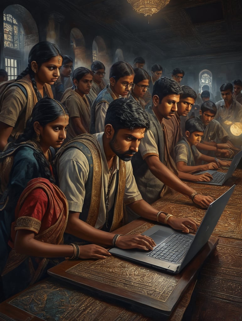 Indian School MStudents working on the laptop and walking on the laptop