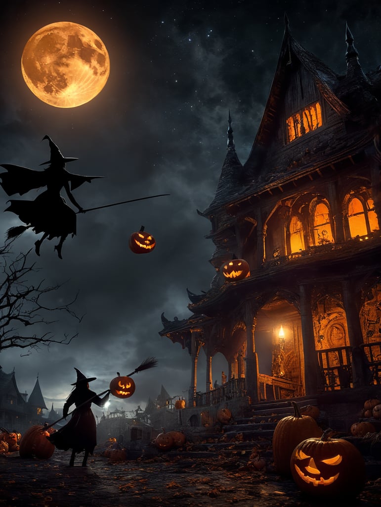 cene of pumpkins for Halloween, dramatic lighting at night, around the pumpkin, but in the night sky the silhouette of a witch flying on a broomstick, a bloody moon with the correct structure and stars. Depth of field.
