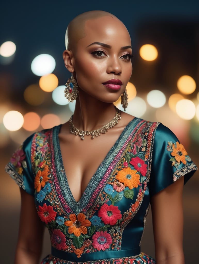 Beautiful hot bald black woman with freckles, wearing a colorful, vibrant, detailed embroidered dress, medium-full shot, at night