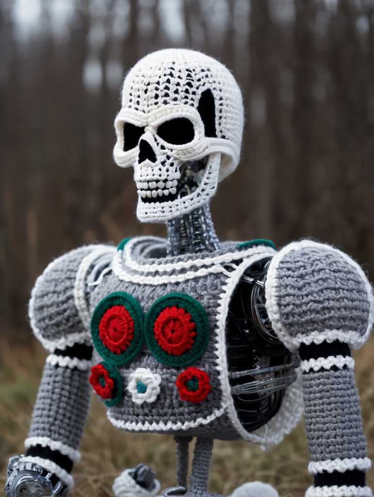 a metal skeleton of a terminator t-800 wearing very hirsute crocheted sweaters for sheeple, portrait