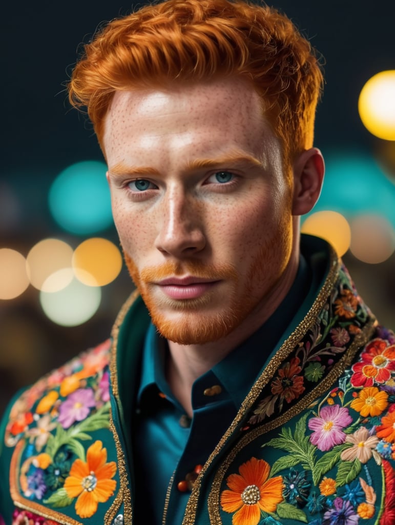 Beautiful ginger man with freckles, wearing a colorful, vibrant, detailed embroidered jacket, medium-full shot, at night
