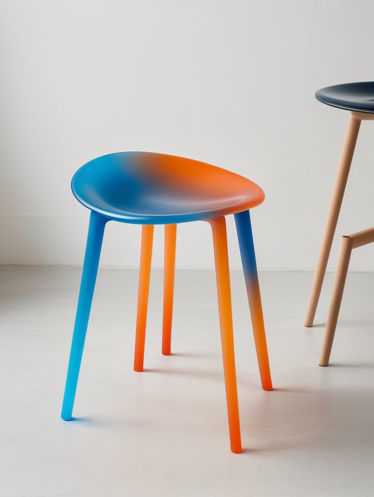 A contemporary minimalist semi-translucent silicone stool with vibrant cyan blue and orange gradient colors as if designed by hi studio.