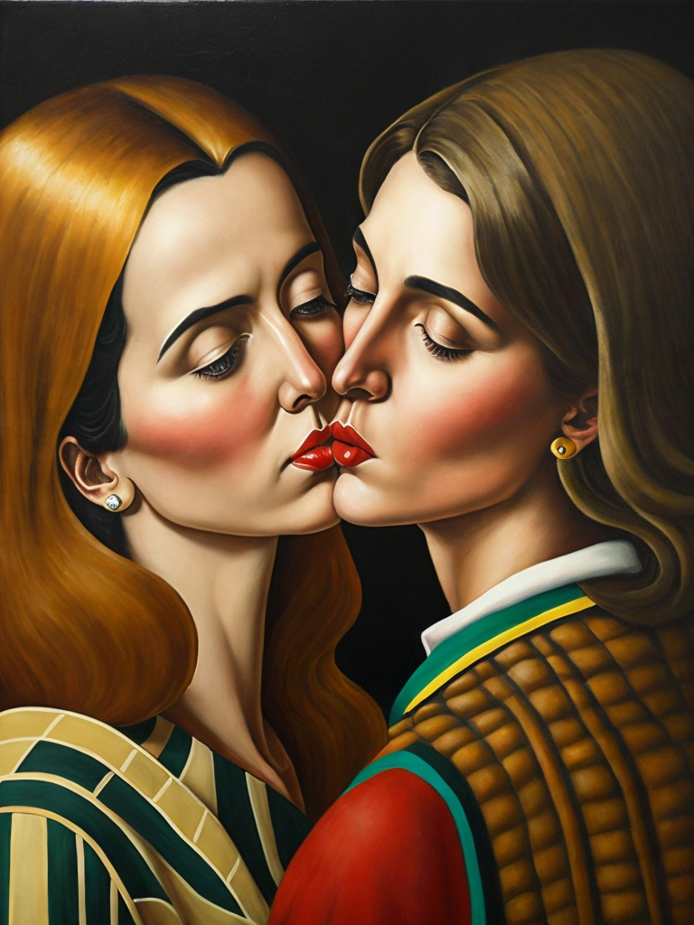 a two women kissing, style of Catherine Nolin, Painting, Acrylic, Oil, Portrait, Interior, USA