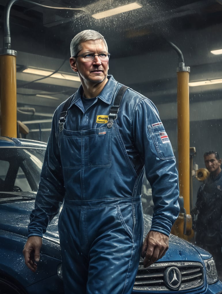 Tim Cook as carwash employee in a blue overall