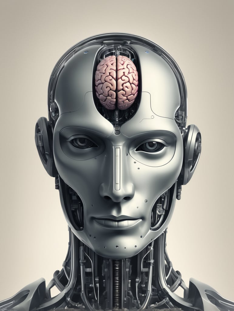 create a book cover on AI for Business Management and Social media marketing. cover image should look like a human with a transparent head and a robotic brain can be seen through the head.