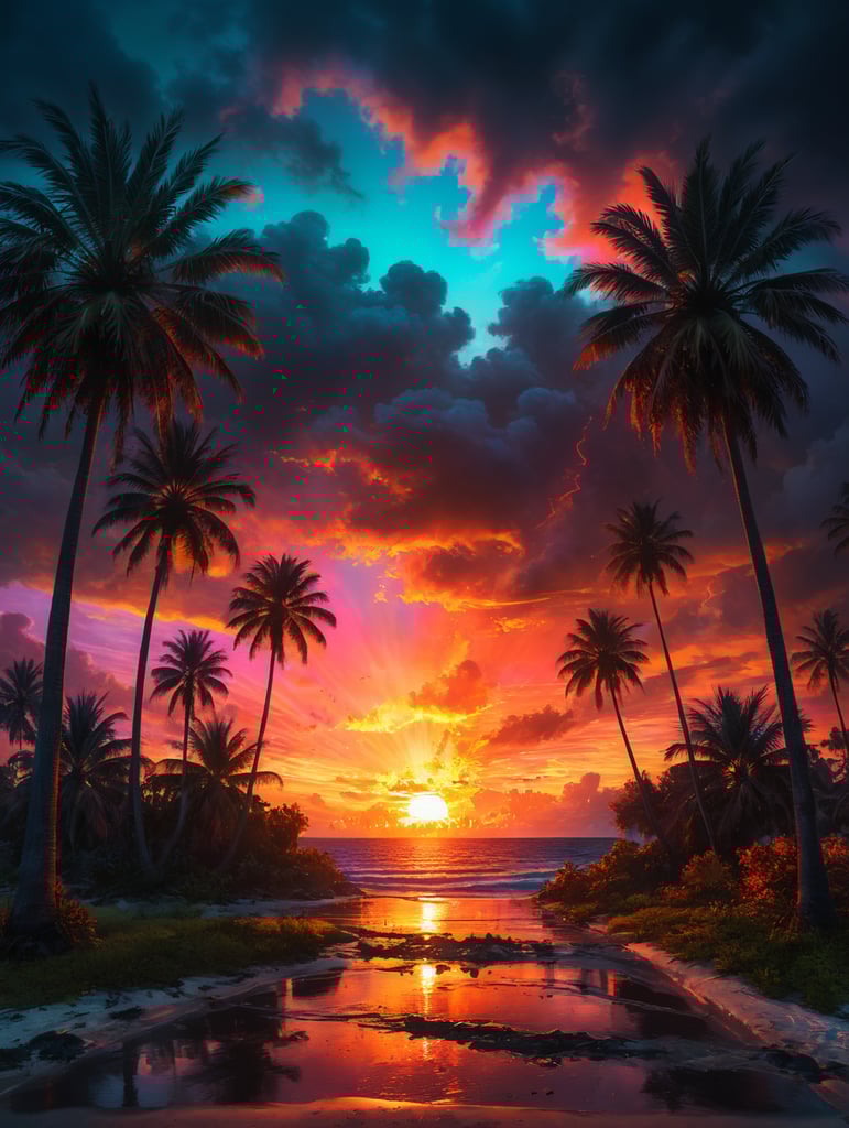 Florida sunsets and palm trees on fire, neon vibrant colors,