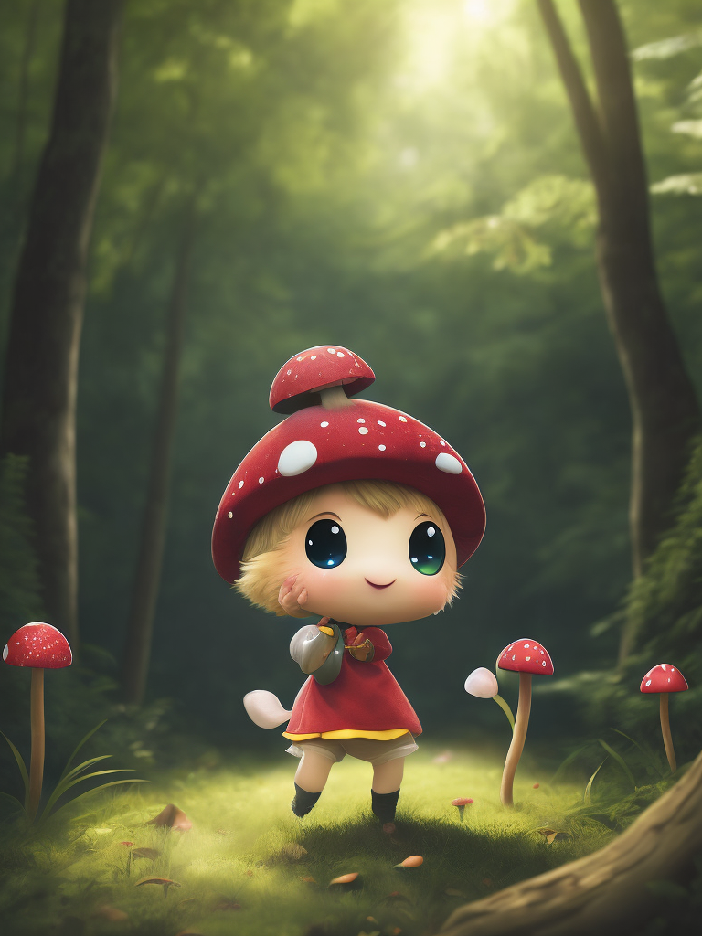 Little Hopeful mushroom, extremely cute and bouncy, anime style by Sui ishida, a Chromatic breeze is sweeping across the forest floor
