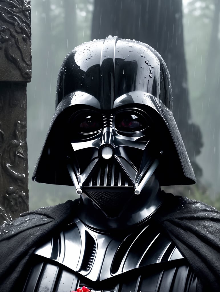 Darth vader with half his mask in his face scarred loooking at padme's grave ,depressing ,4k ,dark ,star wars, rain