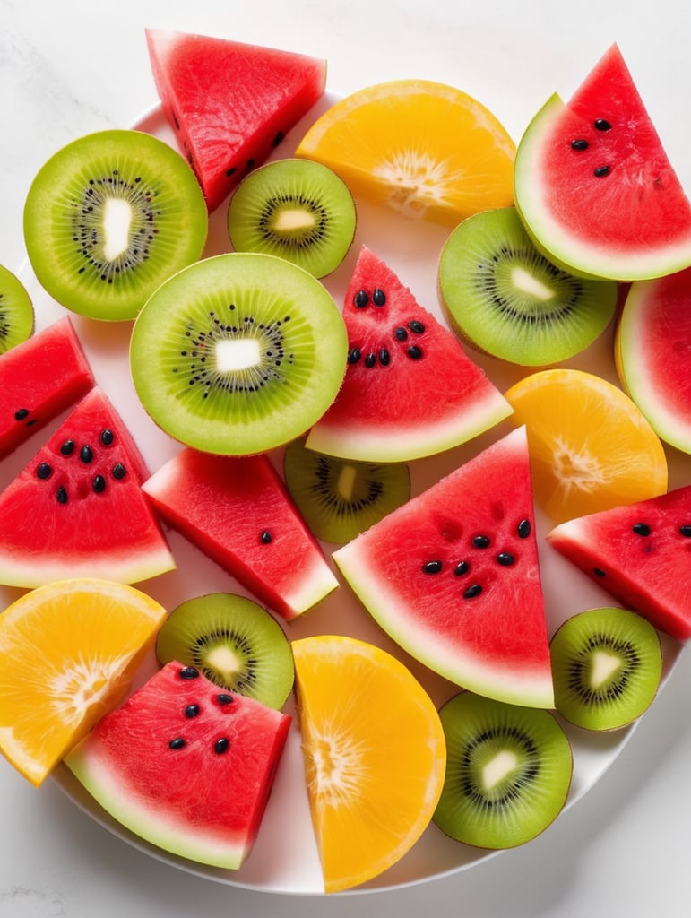 Colorful sliced fruit pieces, top view, watermelon, dragon fruit, kiwi, strawberry