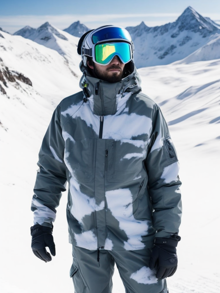 A man in a snowboard suit with snowboard goggles, against the backdrop of snow-capped mountains, high quality details