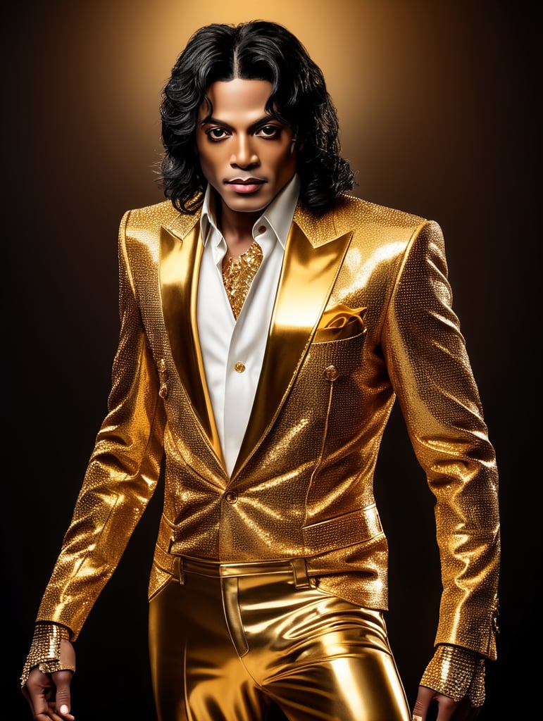 Portrait of Michael Jackson dressed in golden chrome suit, dark gradient background, Vivid saturated colors, Contrast light, studio photo, professional photo, Detailed image, detailed face