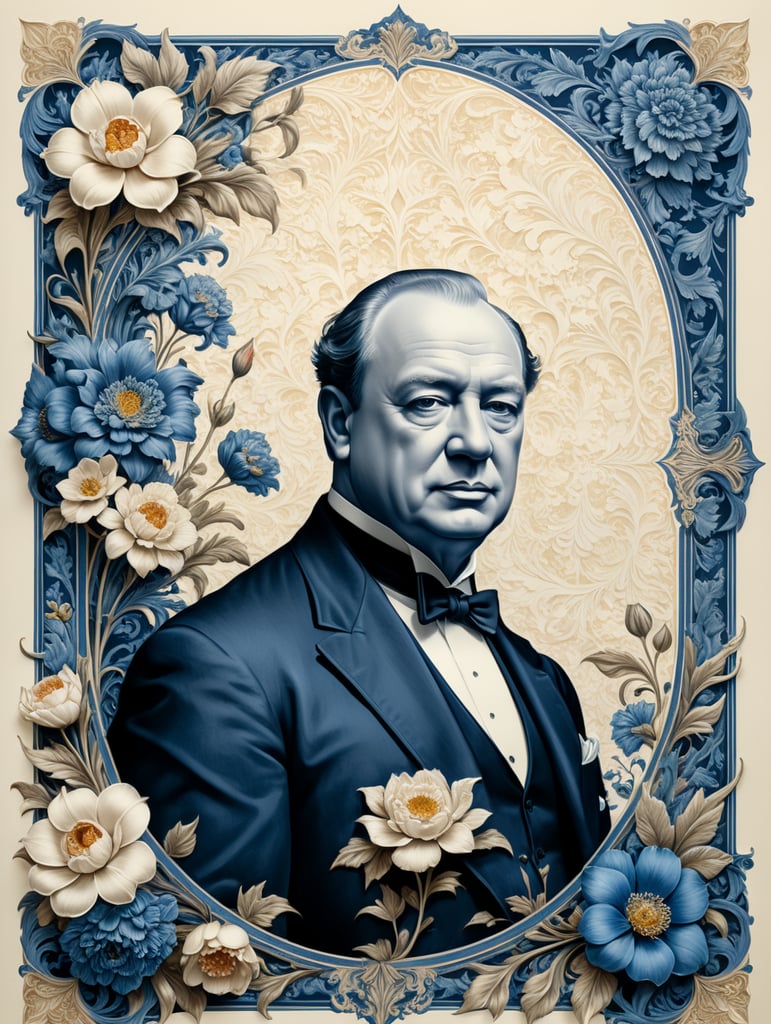 Two-tone blue ink on cream letterpress with Churchill and floral flamboyant frame design, blank space in center for text, in the style of William Morris