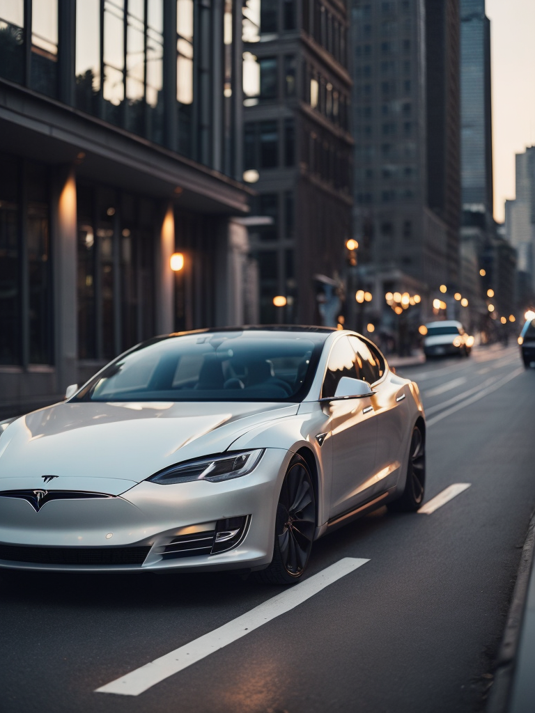 white tesla 3 in the city traffic